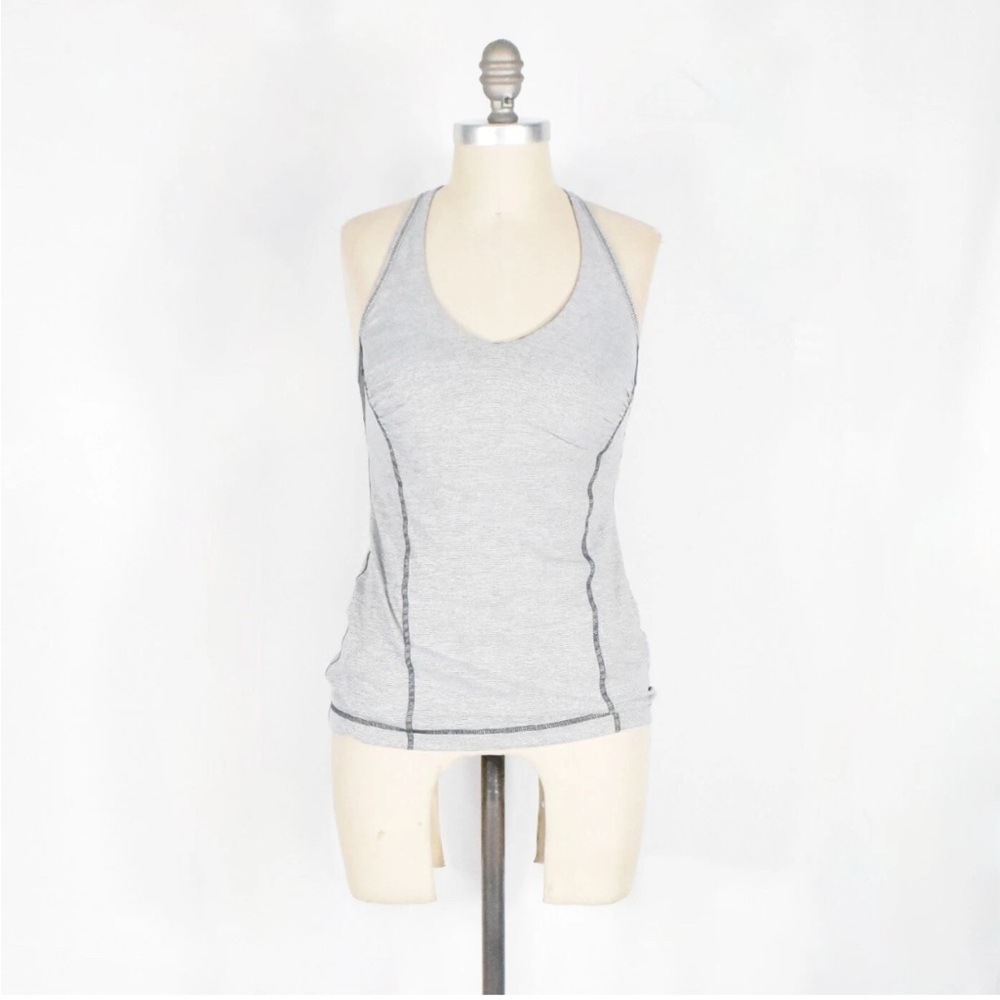 Lululemon V-Neck Tank Top 10 Gray & White Mini-Stripe Racerback Athletic Shirt